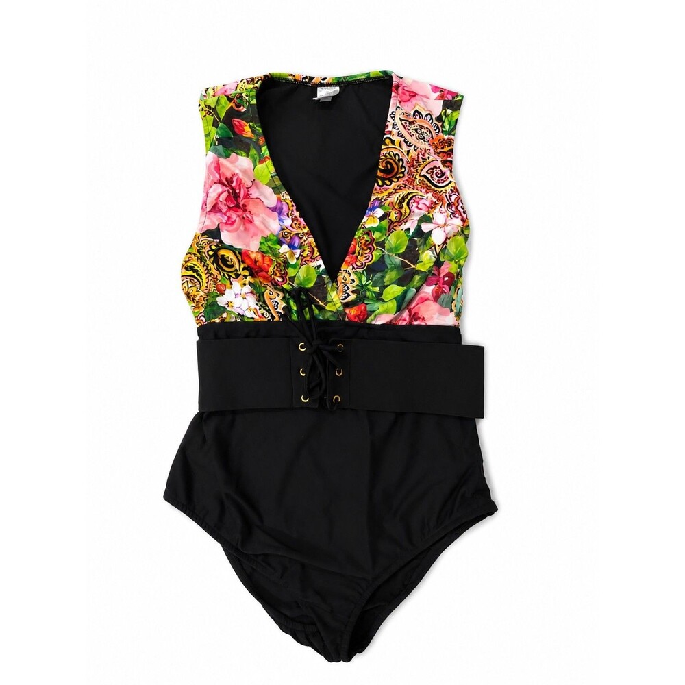 VENUS One Piece Swimsuit Womens Size 8 Floral Paisley Tummy Control Belted